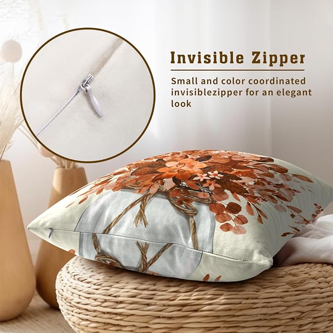 Fall Eucalyptus Leaves Pillow Covers 22x22 Inch Set of 2, Orange Floral Leaf Jar Autumn Seasonal Decorative Farmhouse Pillows Cushion Case for Sofa Couch Home Decor