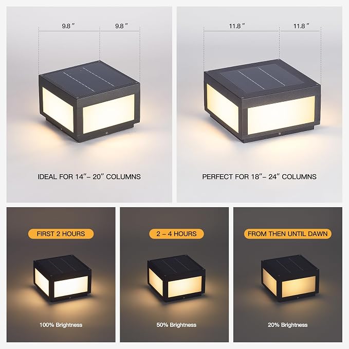 MVBT Square Solar Post Lights, 10" Column Light, 3000K Pillar Light Outdoor | Modern Column Lamp Waterproof, Dusk to Dawn Post Lantern, Stainless Steel Gate Post Light for Outside Patio Yard Fence Deck