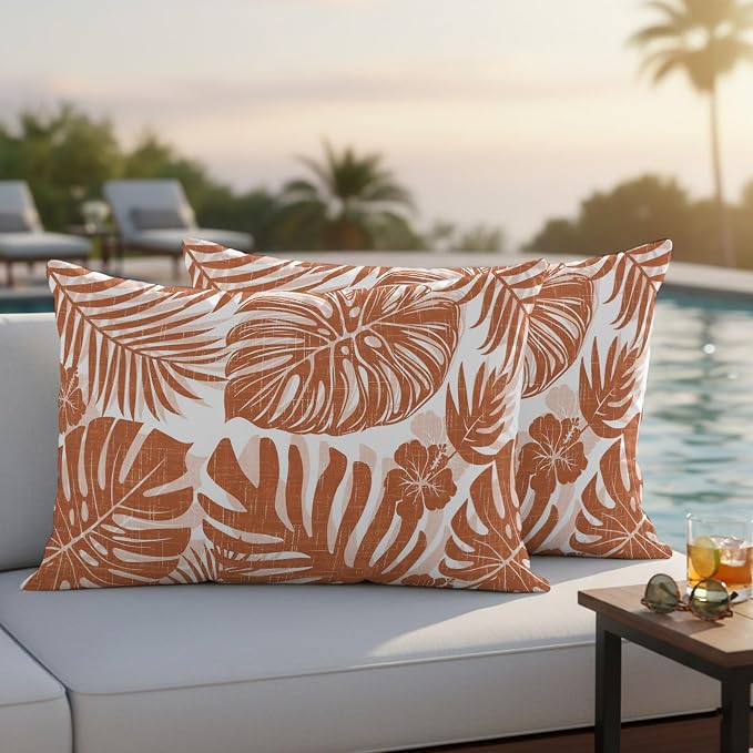 Burnt Orange Palm Leaves Outdoor Pillow Covers 20"x12" Set of 2, Tropical Botanical Minimalist Modern Waterproof Throw Pillow Covers for Patio Furniture, Decorative Cushion Covers for Porch