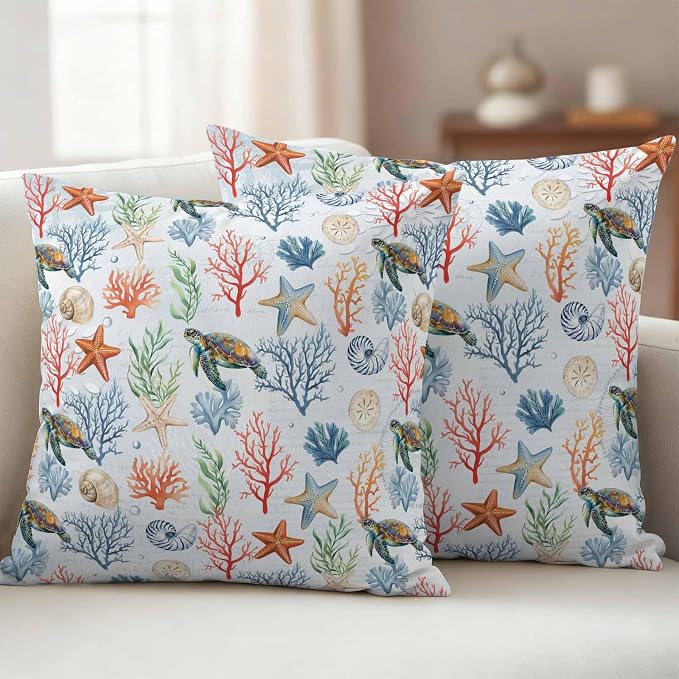 Summer Ocean Outdoor Waterproof Pillow Covers Pack of 2, Blue Nautical Sea Turtles Shells Corals Starfish Decorative Throw Pillowcases Cushion Covers for Garden Patio Tent Sofa Couch, 16x16 inch