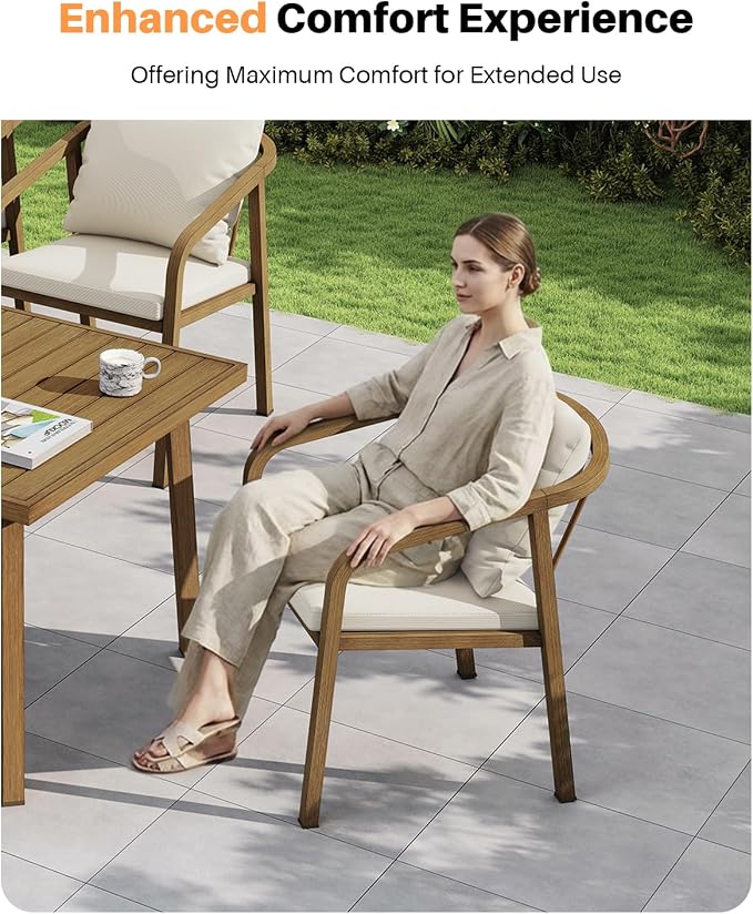 Never-Rust Aluminum Outdoor Dining Chairs Set of 2, Patio Dining Chairs with Thick Cushion, Outdoor Patio Chairs with Wraparound Backrest and Curved Armrest for Backyard, Lawn, Deck, Teak