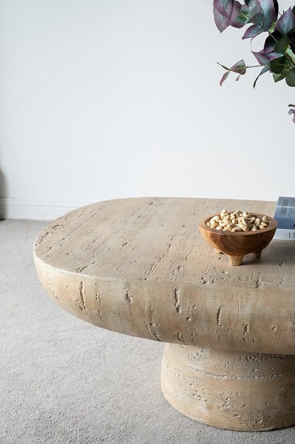 36" Faux Stone Coffee Table for Living Room Oval Coffee Table for Indoor or Outdoor, Modern Travertine Concrete Pattern Center Tables Side Tables, Magnesium Oxide, No Assembly,Cream