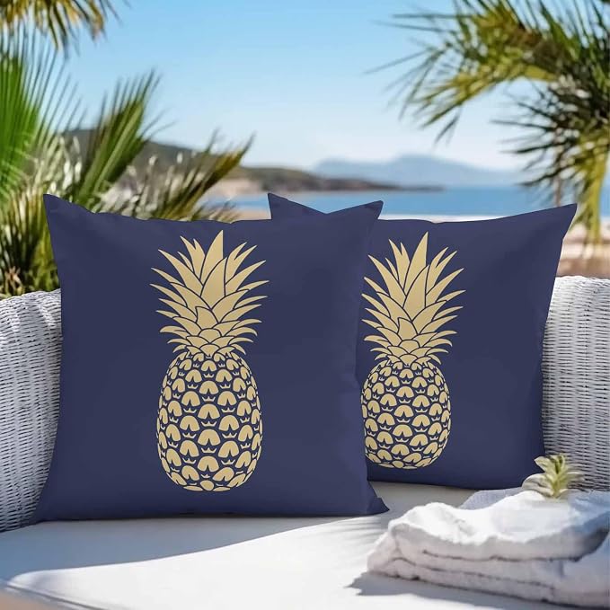 Yellow Pineapple Outdoor Waterproof Pillow Covers, Summer Fruits Navy Blue Decorative Square Throw Pillowcase Sofa Cushion Sham for Patio/Couch/Chair, 18"x18" 2 Pack