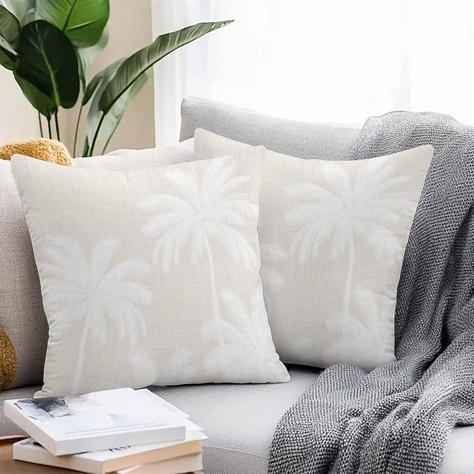 Outdoor Pillow Covers 18x18 Inch Set of 2, Cream Palm Trees Waterproof Throw Pillow Covers, Farmhouse Tropical Summer Beach Decorative Cushion Pillowcases for Couch, Sofa, Bed, Garden, Patio