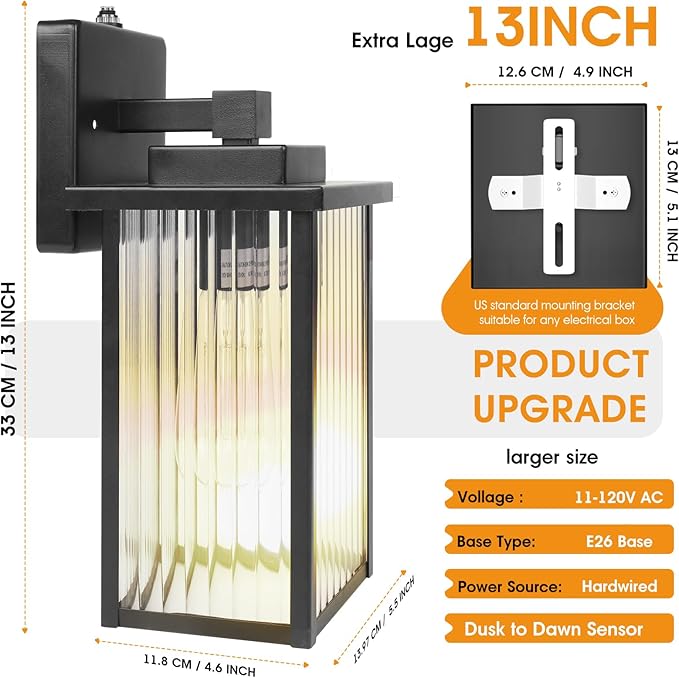 2-Pack 13" Black Dusk to Dawn Wall-Mounted Exterior Light Fixtures | Auto On and Off, Anti-Rust Metal Frame, Tempered Glass, E26 Socket, Easy DIY Install on Porch, Garage
