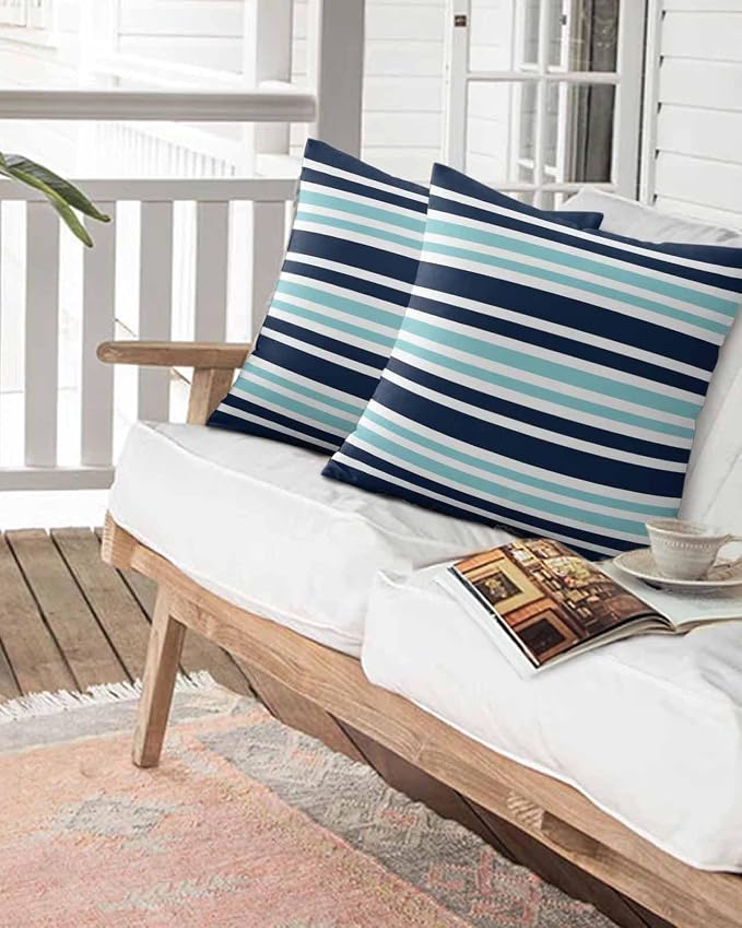 Outdoor Waterproof Throw Pillows Nautical Navy Blue Contrast Stripe Patio Pillows Pack of 2,Decorative Pillow Covers with Insert,Pillow Cushion Case for Garden Couch Sofa Modern Minimalist Line