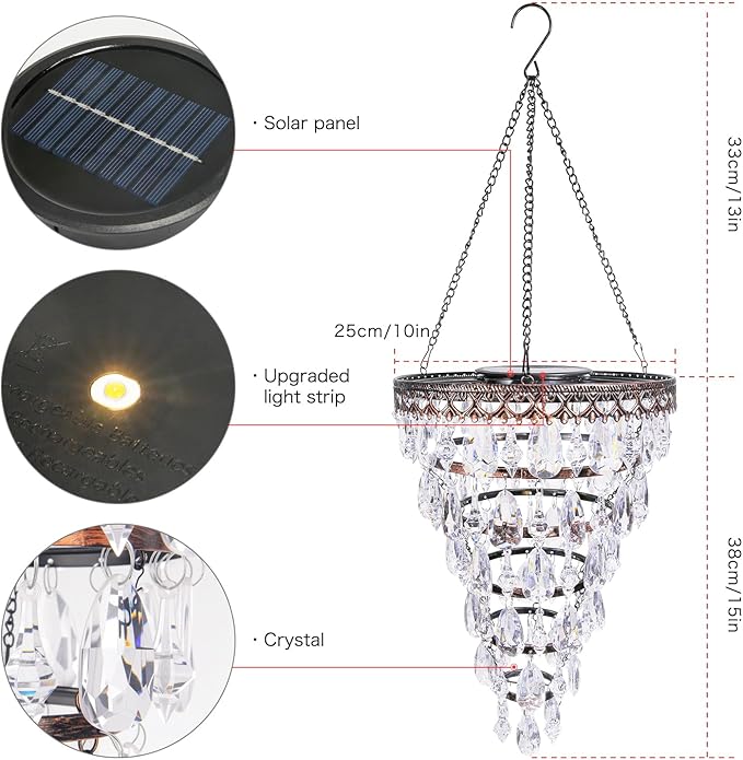 Solar Hanging Crystal Chandelier Outdoor Waterproof Garden Light | Acrylic Beads Bright Warm LED Tree Hanging Lantern for Mom's Gifts Garden Gazebo, Party, Wedding Garden Decor