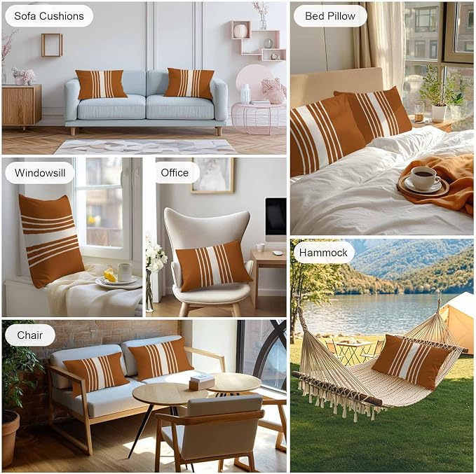 Burnt Orange Beige Striped Outdoor Pillow Covers 20x12 Inch Lumbar Pillow Covers Set of 2 Waterproof Decorative Throw Pillow Cases Modern Farmhouse Retro Lines Cushion Covers for Patio Furniture