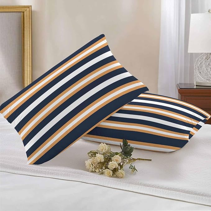 Orange Navy Blue Striped Outdoor Pillow Covers Waterproof, All Weather Cushion Case Set of 2, Minimalist Farmhouse Lines Lumbar Pillowcase for Sofa Couch Bed Decor Patio Furniture 20"x12"