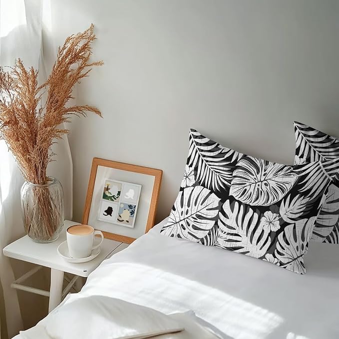 Black Palm Leaves Outdoor Pillow Covers 20"x12" Set of 2, Tropical Botanical Minimalist Modern Waterproof Throw Pillow Covers for Patio Furniture, Decorative Cushion Covers for Porch