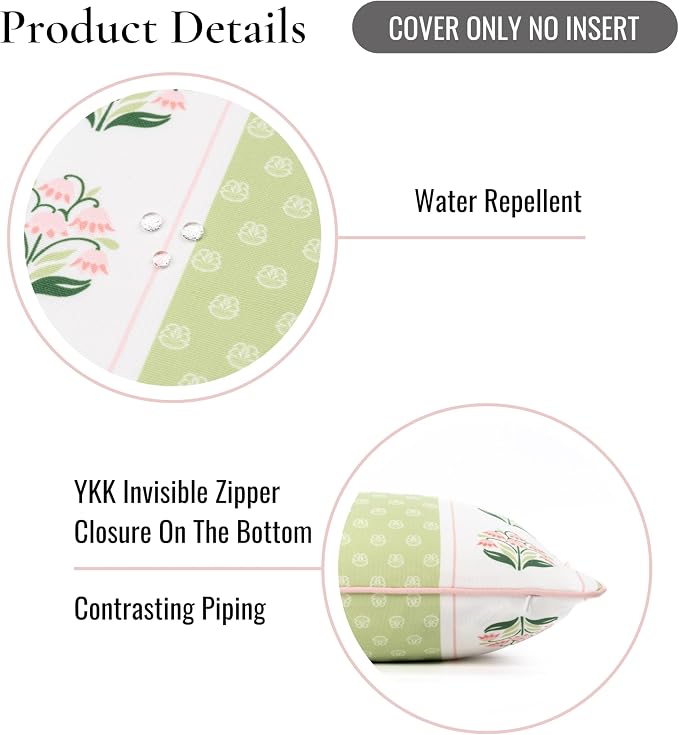 Hofdeco Premium Grandmillennial Patio Indoor Outdoor Lumbar Pillow Cover Only, 12"x20" Water Repellent for Backyard, Couch, Poolside, Grass Green Pink Print Block Print Striped Lily of the Valley