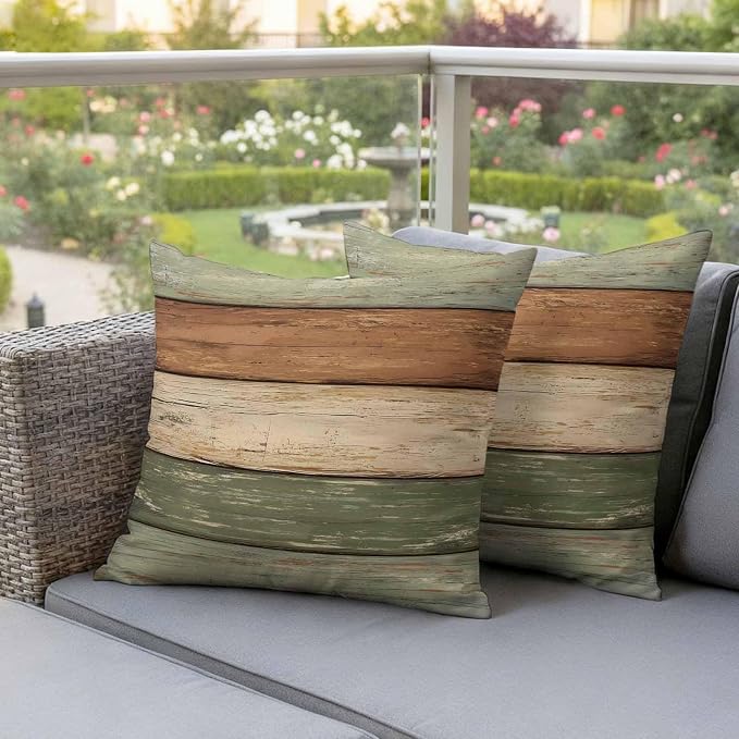 Farmhouse Sage Green Brown Outdoor Waterproof Pillow Covers, Vintage Wooden Striped Decorative Square Throw Pillowcase Sofa Cushion Sham for Patio/Couch/Chair, 18"x18" 2 Pack