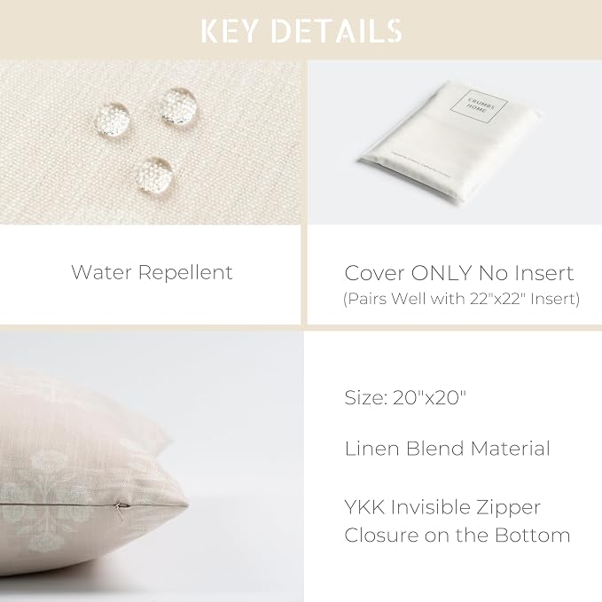 Coastal Linen Indoor Outdoor Throw Pillow Cover Only, 20"x20" Water Repellent for Patio, Backyard, Couch, Neutral Beige Floral
