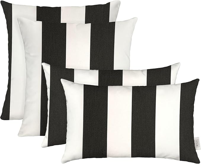 RSH DECOR: Sunbrella Lumbar & Square Pillows Set of 4 20 x12 & 17"x17", Water and Fade-Resistant, Outdoor Throw Pillows for Patio Furniture, Cabana Classic Black Stripe - Made in USA