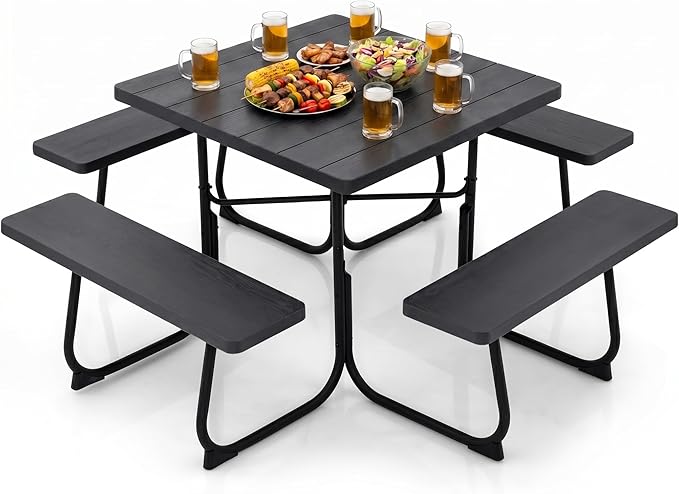 POWERSTONE Picnic Tables with Benches for 8, Outdoor HDPE Picnic Table with Umbrella Hole, Heavy Duty 35" Portable Dining Set Camping Table for Backyard, Patio, Park(Black)