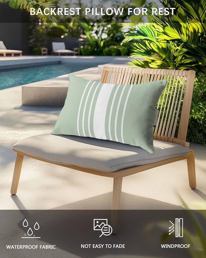 Pack of 2 Outdoor Lumbar Pillow Covers 11x16 Inch, Sage Green White Stripe Waterproof Throw Pillow Covers Set, Modern Rustic Vertical Striped Indoor&Outdoor Cushion Cases for Patio Porch Beach