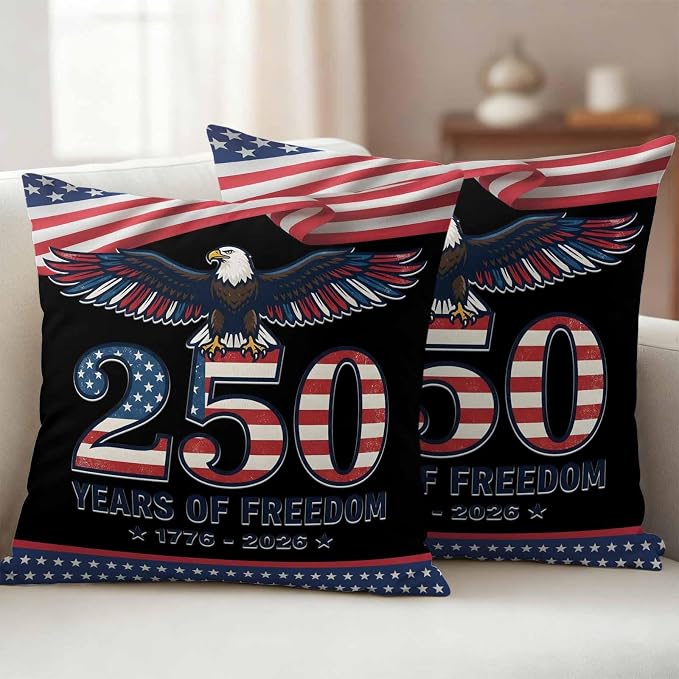 250 Years USA Flag Outdoor Waterproof Throw Pillow Covers 16x16 Set of 2, Independence Day Eagle Anniversary Decorative Pillowcases Cushion Pillowcase for Couch Sofa Patio Outside Pillow Protector