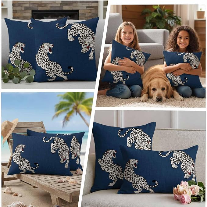 Vandarllin Outdoor Throw Pillows Covers 26x26 inch Set of 2 Waterproof Blue Leopard Decorative Zippered Cushion Covers for Patio Furniture, Bohemian Animal Print Lumbar Pillowcases
