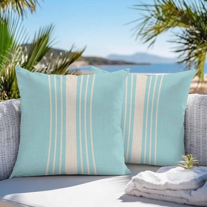 Throw Pillow Covers 24x24 Inch Set of 2, Aqua Beige Striped Waterproof Outdoor Cushion Covers, Modern Farmhouse Retro Lines Decorative Pillowcases for Couch, Sofa, Bed, Garden, Patio