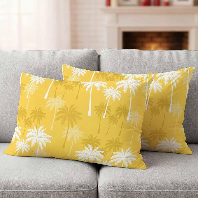 Lumbar Pillow Covers 20x12 Inch Set of 2, Tropical Palm Tree Waterproof Outdoor Pillow Covers, Yellow White Plants Coastal Leaf Beach Decorative Cushion Pillowcases for Couch, Sofa, Bed, Garden, Patio