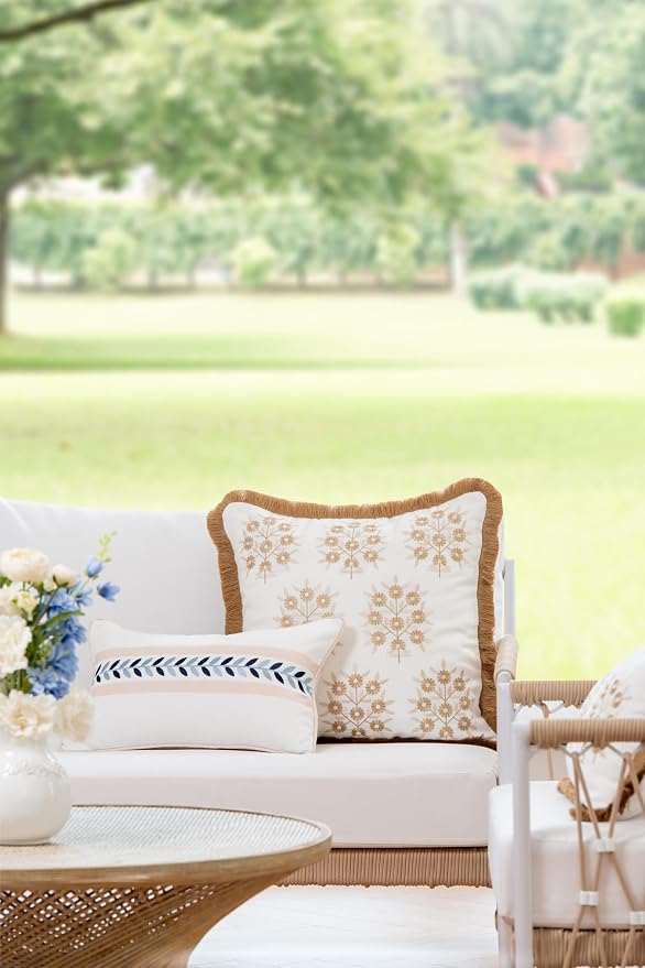 Hofdeco Premium Coastal Patio Indoor Outdoor Throw Pillow Cover Only, 20"x20" Water Repellent for Backyard, Couch, Neutral Tan Embroidered Floral with Fringe