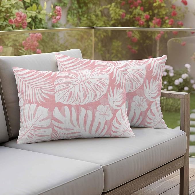 Pink Palm Leaves Outdoor Pillow Covers 20"x12" Set of 2, Tropical Botanical Modern Minimalist Waterproof Throw Pillow Covers for Patio Furniture, Decorative Cushion Covers for Porch