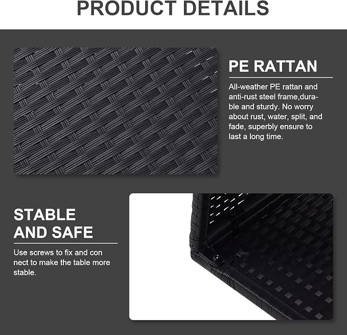Patio Wicker Storage Side Table,Outdoor PE Rattan Woven Coffee End Table with Tempered Glass Top for Indoor Outdoor Porch Lawn Poolside Garden Backyard Balcony(Black)