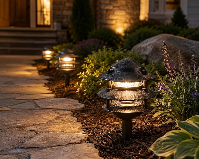 Generation Lighting Hardwired 120V Outdoor Pagoda Path Light, Black | Wet-Rated Aluminum Fixture with Clear Glass, Landscape Path Lights, Garden Lights, or Outdoor Lighting for Driveway Decor
