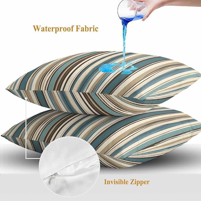 Boho Vertical Stripes Outdoor Waterproof Throw Pillow Covers Set of 2, 16"x16", Green Beige Simple Lines Decorative Pillow Covers Outside Cushion Case for Patio Porch Garden