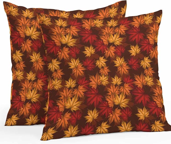 Brown Thanksgiving Outdoor Waterproof Pillow Covers, Fall Maple Leaves Farmhouse Vintage Decorative Square Throw Pillowcase Sofa Cushion Sham for Patio/Couch/Chair, 18"x18" 2 Pack