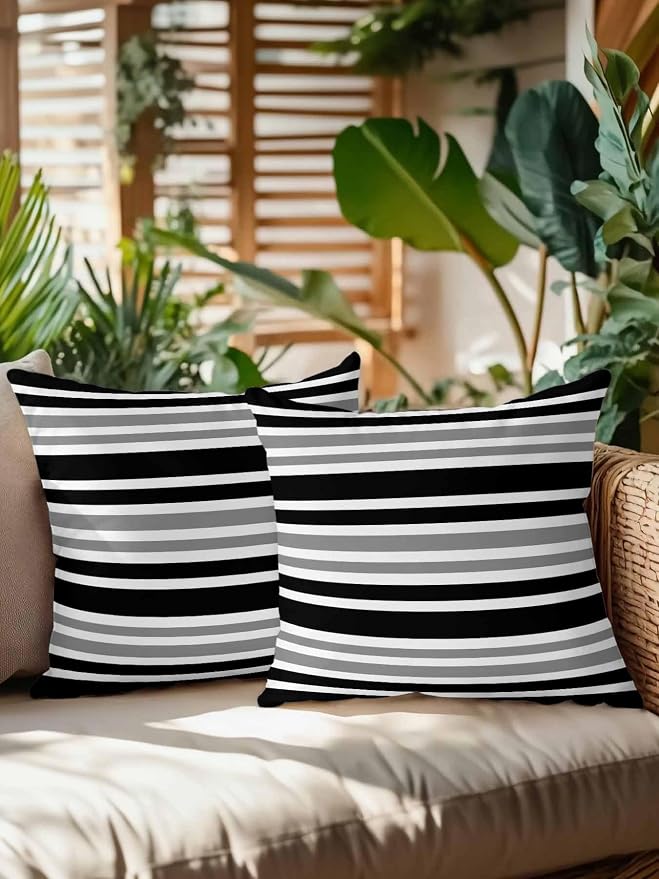 Outdoor Waterproof Throw Pillows Classic Gray Black Striped Patio Pillows Pack of 2,Decorative Pillow Covers with Insert,Pillow Cushion Case for Garden Couch Sofa Minimalist Lines