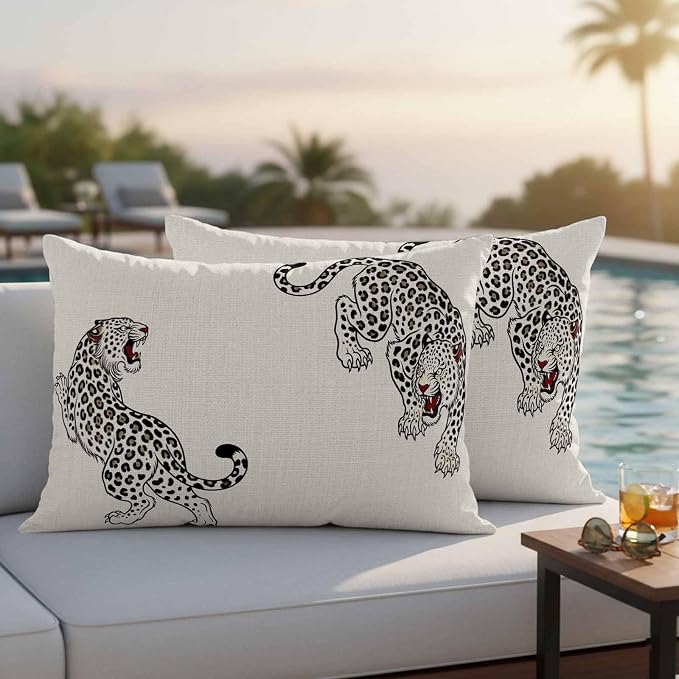 Vandarllin Outdoor Throw Pillows Covers 20x12 inch Set of 2 Waterproof Linen Leopard Decorative Zippered Cushion Covers for Patio Furniture, Bohemian Animal Print Lumbar Pillowcases