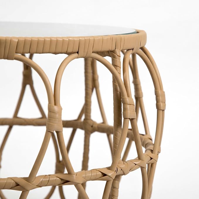 Furniture of America Ysar Boho Rattan Round Coffee Table Outdoor with 5mm Tempered Glass Top, All-Weather and Rust Resistant Patio Furniture