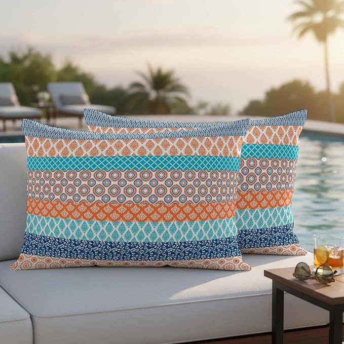 Geometric Bohemia Outdoor Pillow Covers Set of 2 Stripes Orange Turquoise and Blue Waterproof Throw Pillow Cover Decorative Cushion Cases for Patio Porch Garden 20X12 Inch