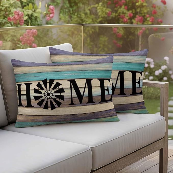 Outdoor Pillow Covers Set of 2, Farm Home Windmill Decorative Throw Pillow Covers 20X12IN, Farmhouse Vintage Wood Board Throw Pillows Protector Cushion Case for Patio,Couch,Sofa,Garden