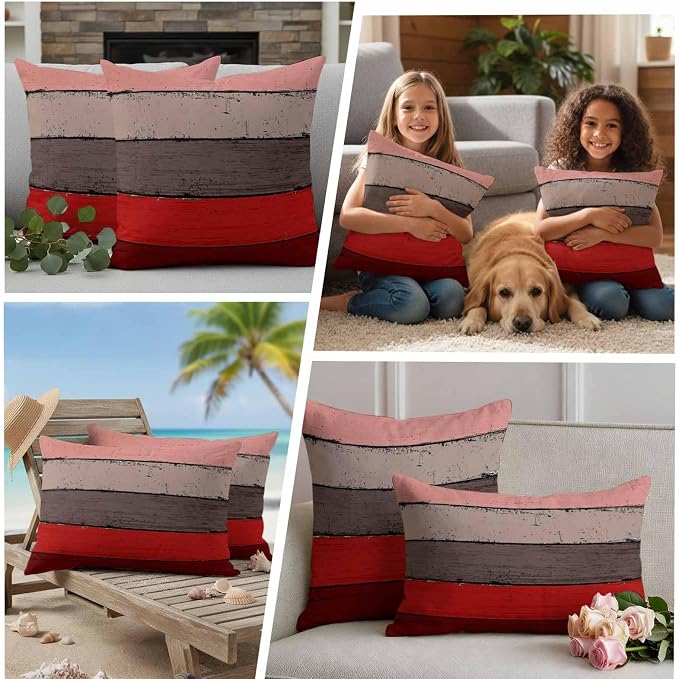 Outdoor Throw Pillow Covers 18X18 Set of 2 Waterproof Ombre Christmas Red Brown Decorative Zippered Cushion Covers for Patio Furniture, Farmhouse Retro Rustic Barn Wood Texture Lumbar Pillowcases