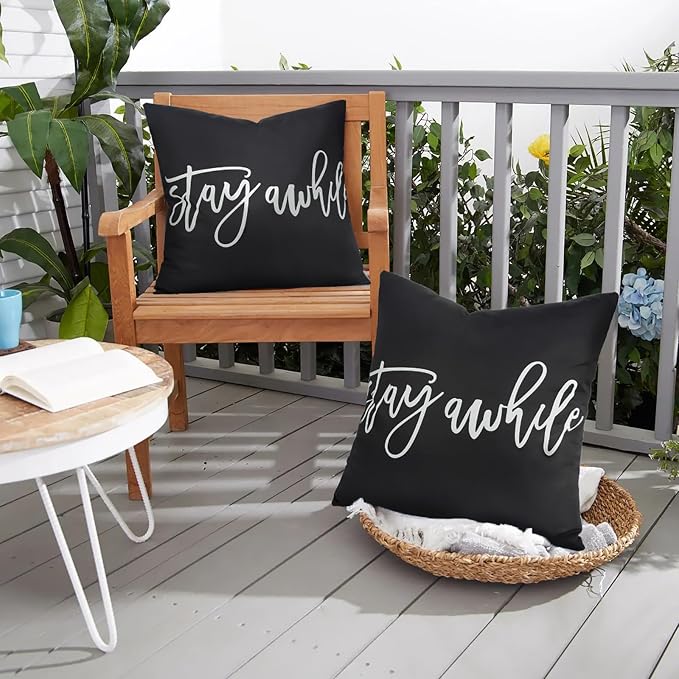 Adabana Outdoor Waterproof Stay awhile Pillow Covers Set of 2 20x20 Inch | Home Decorative Outdoor Pillows Cover for Patio Garden Porch Farmhouse