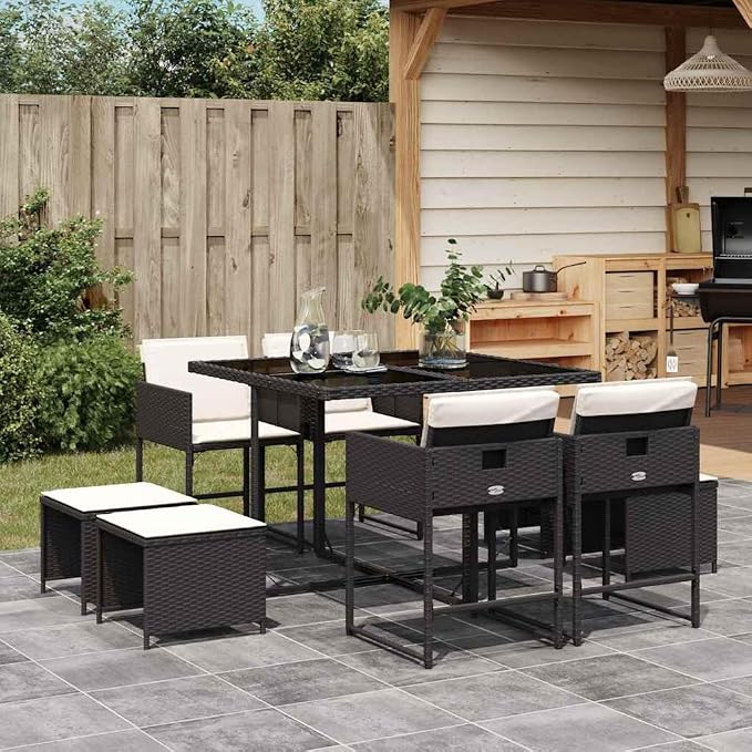 9-Piece Garden Dining Set, Black and Cream White Rattan Patio Furniture Set with Stackable Chairs, Cushions and Table Cover for Backyard, Deck and Terrace