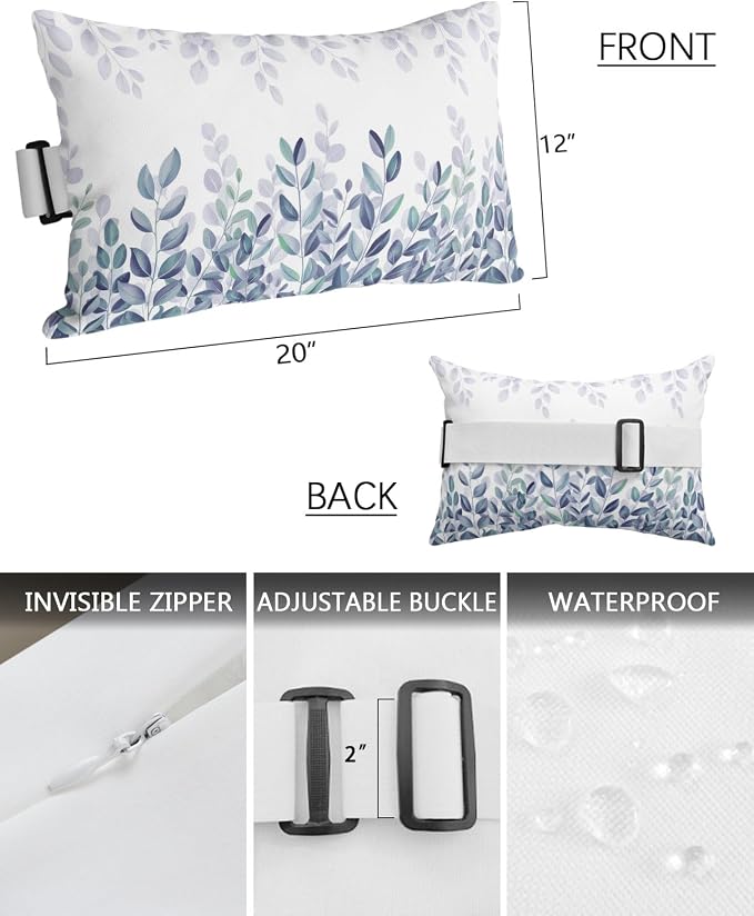 Outdoor Pillows Waterproof Covers Set of 2, Blue Eucalyptus Leaf Adjustable Elastic Chaise Lounge Headrest Pillow Covers, Spring Watercolor Leaves Lumbar Pillow for Pool Patio Furniture 20x12 Inch