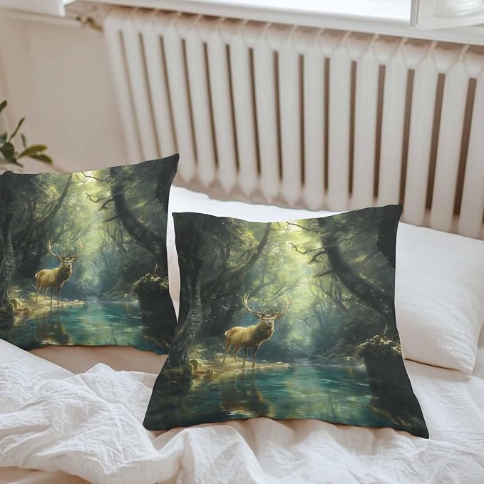Green Forest Deer Waterproof Outdoor Pillow Covers Set of 2 Home Decor, Fantasy Vintage Nature Scenery Pillowcase Patio Pillow Covers for Couch Bench Furniture Garden 24x24in