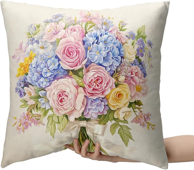 Spring Summer Floral Pillow Covers 16x16 Pink Rose Blue Hydrangea Throw Pillow Covers Exquisite Bouquet Pillow Case Flowers Cushion Case for Living Room Couch Sofa 2 Pack
