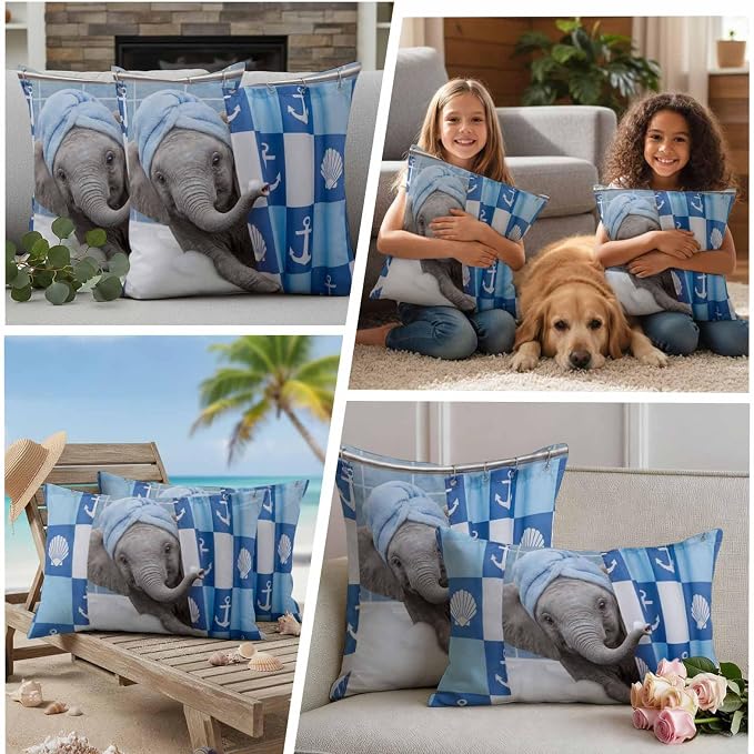 Bathing Elephant Waterproof Outdoor Pillow Covers Set of 2 Home Decor, Funny Animal Showering Pillowcase Patio Pillow Covers for Couch Bench Patio Furniture Garden 24x24in