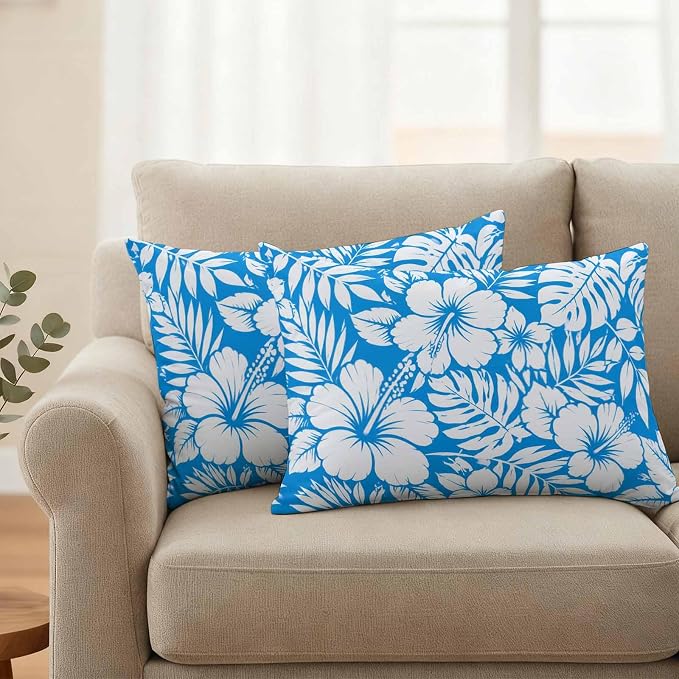 Hibiscus Flowers Waterproof Outdoor Pillow Covers Set of 2 Home Decor, Blue Tropical Monstera Leaves Lumbar Pillowcase Patio Pillow Covers for Couch Bench Patio Furniture Garden 20x12in