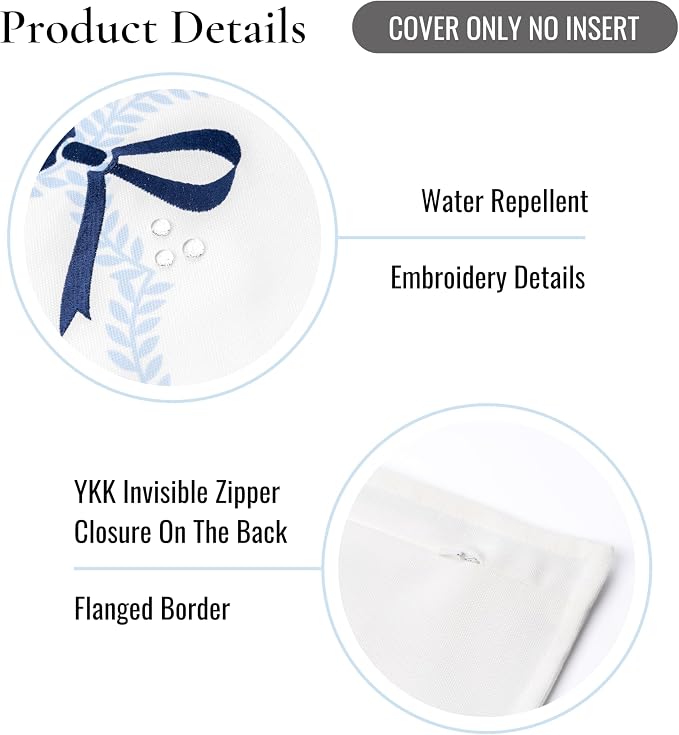 Hofdeco Premium Coastal Hampton Patio Indoor Outdoor Throw Pillow Cover Only, 20"x20" Water Repellent for Backyard, Couch, Poolside, Baby Blue Navy Embroidered Ribbon Bow Tie on Leaves