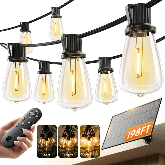 KYY 198FT(192+6) Solar String Lights Outdoor Waterproof with USB & Remote | Dimmable & Timable, Solar Powered Patio Lights with LED Shatterproof Bulbs for Deck Backyard Porch Garden Camping