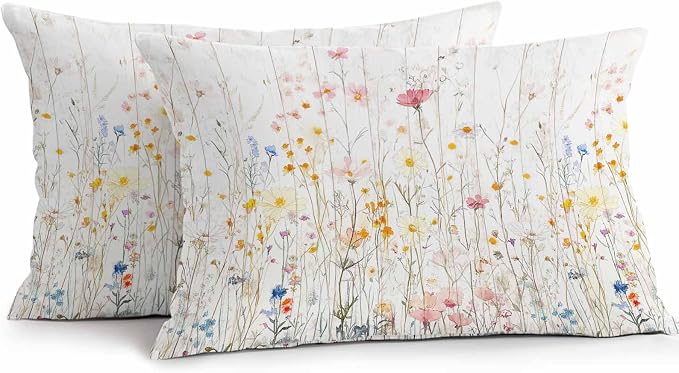 Vintage Flowers Waterproof Outdoor Pillow Covers 20''x12'' Set of 2, Botanical Patio Furniture Spring Cushion Covers for Chairs, Decorative Watercolor Wildflowers Pillow Cases for Garden/Pool/Beach