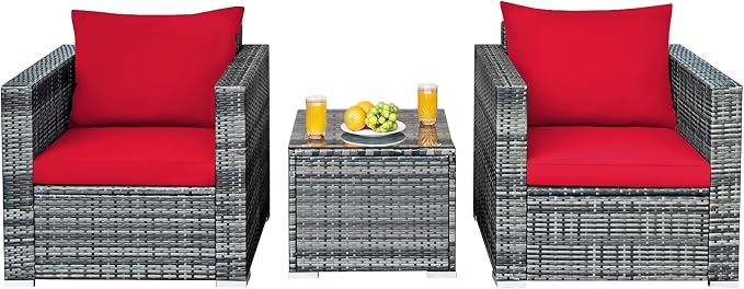 HAPPYGRILL 3-Piece Patio Conversation Set Outdoor Rattan Wicker Sofa Set with Coffee Table Patio Furniture Set with Soft Cushions for Balcony Porch Backyard Garden