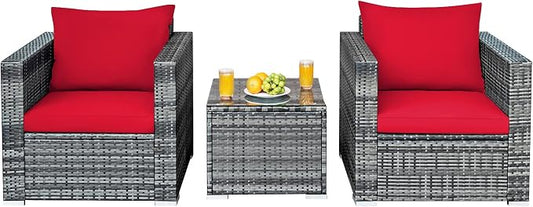 HAPPYGRILL 3-Piece Patio Conversation Set Outdoor Rattan Wicker Sofa Set with Coffee Table Patio Furniture Set with Soft Cushions for Balcony Porch Backyard Garden