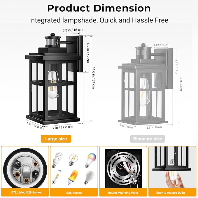 Large Motion Sensor Outdoor Light, Black Porch Light Dusk to Dawn, Waterproof Outdoor Motion Sensor Light, Anti-Rust Outside Lights for House, Garage, Doorway, Porch, 100% Aluminum