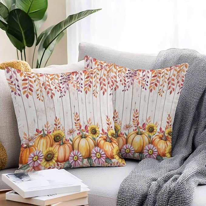 Orange Pumpkins Outdoor Waterproof Pillow Covers, Eucalyptus Leaves Sunflowers Wood Grain Decorative Square Throw Pillowcase Sofa Cushion Sham for Patio/Couch/Chair, 18"x18" 2 Pack